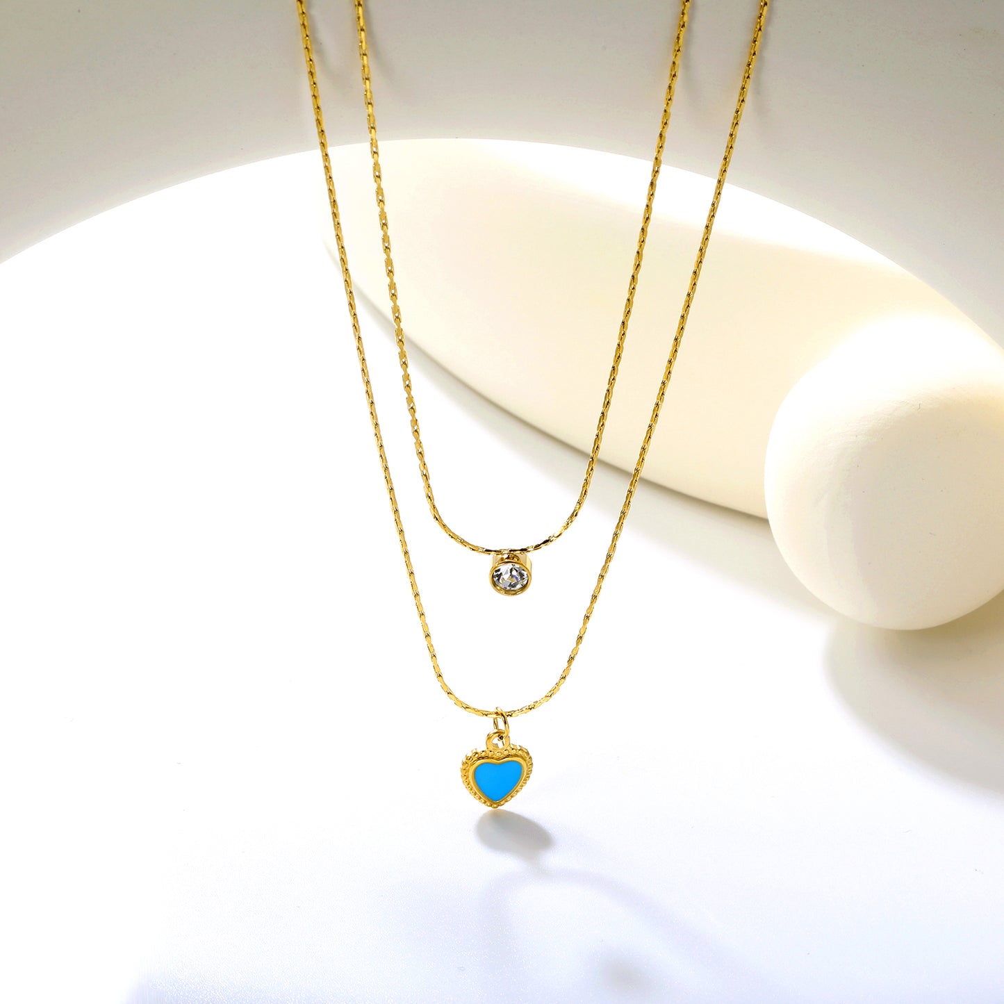 Bulk Double-Layer Gold Necklace Set | 5mm CZ Bar & Blue Dripping Love Heart Pendant | Adjustable Hammered Chains (50+40+5cm)