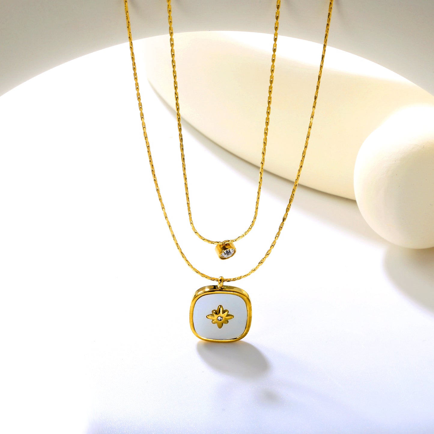 Bulk Double-Layer Gold Necklace Set | 5mm CZ Bar & 16mm Mother-of-Pearl Shell Pendant | 0.9mm Hammered Chains (Adjustable 50+40+5cm)