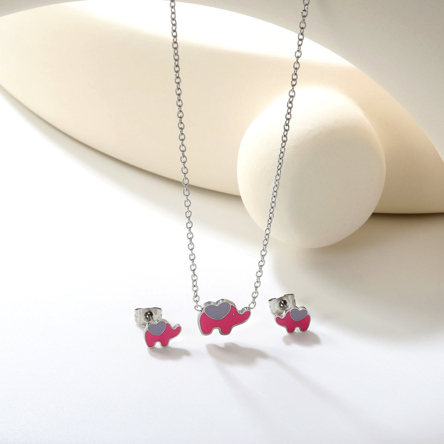 8.6x6.4mm Pink Enamel Elephant Stud Earrings + 12.2x9mm Pendant Set - 0.3mm Chain (45+5cm) & 6mm Round Tag - Stainless Steel Wholesale Jewelry