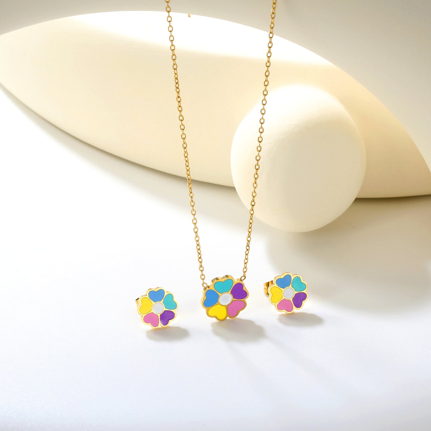 Bulk Colorful Flower Set Gold-Tone Stainless Steel Earrings & Necklace (4.3g) | Spring-Summer Wholesale Collection