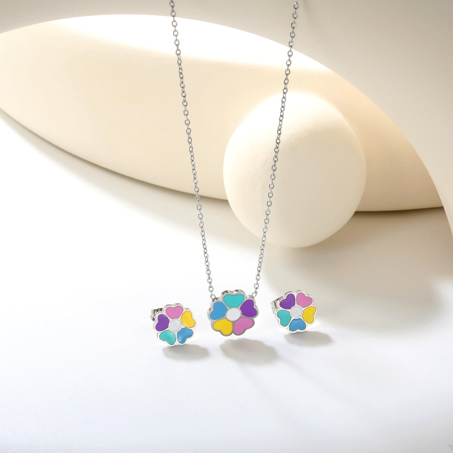 Bulk Colorful Flower Set Gold-Tone Stainless Steel Earrings & Necklace (4.3g) | Spring-Summer Wholesale Collection