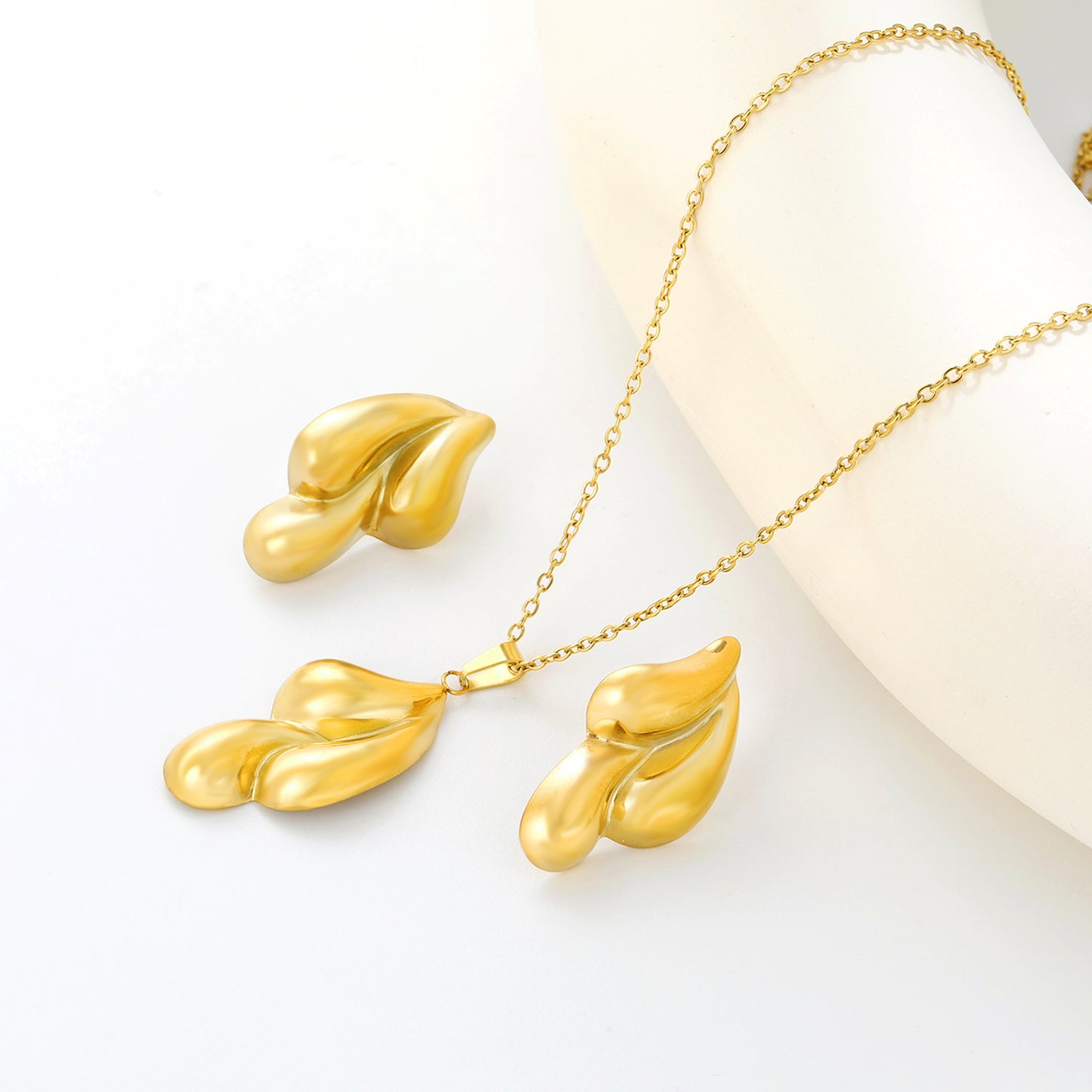 Wholesale Stainless Steel 3D Teardrop Jewelry Set - Gold Earrings (17.9x29.5mm) & Pendant (17.4x30.2mm) with 42+5cm Cross Chain