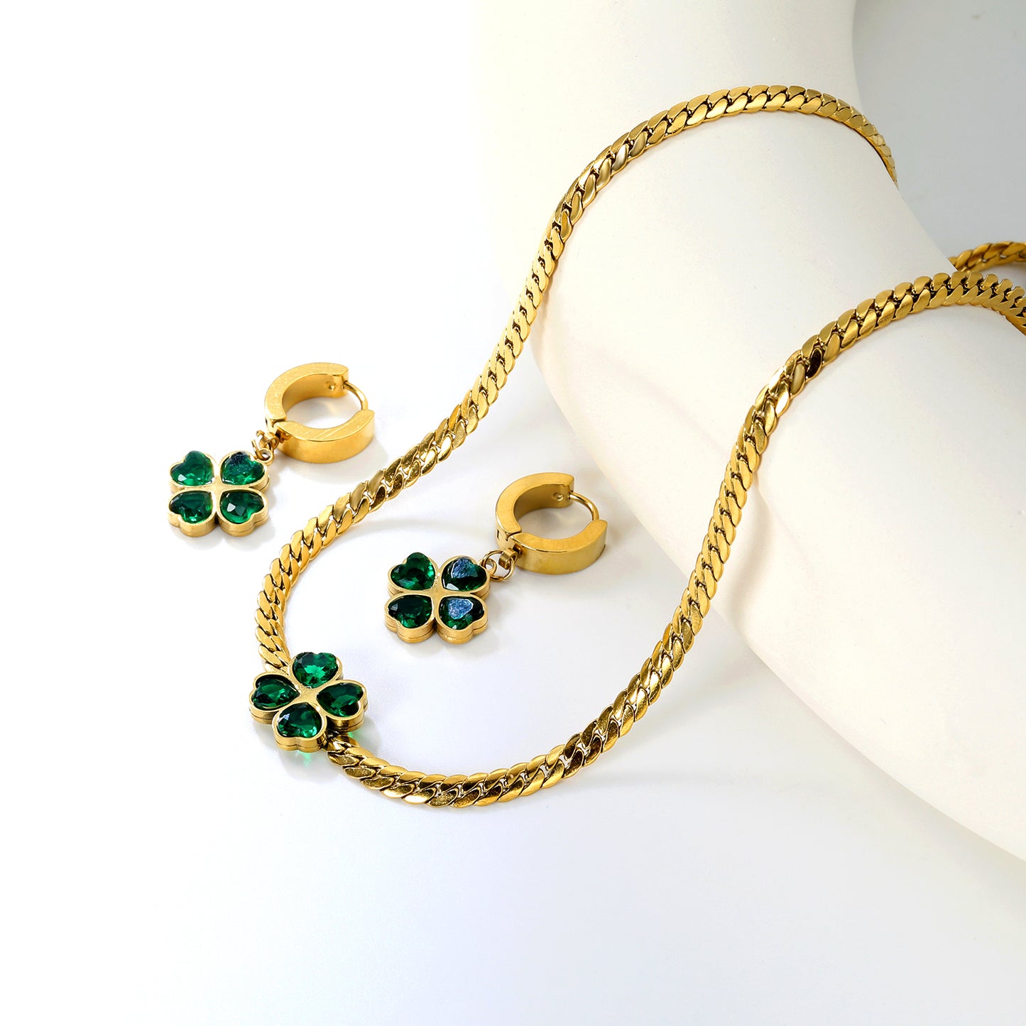 Wholesale Stainless Steel Clover Zircon Jewelry Set - Gold Earrings (13.4x13.6mm) & Pendant (12.1x12.1mm) with 3.8mm Dragon Chain 40+5cm