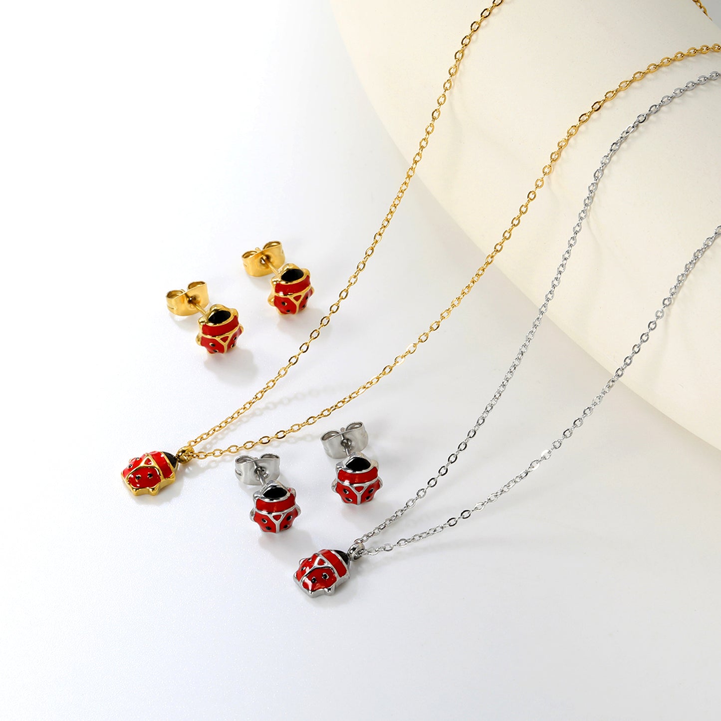 Wholesale Cute Ladybug Set - Stainless Steel Earrings & Pendant Necklace (4g) | Spring-Summer Bulk Collection