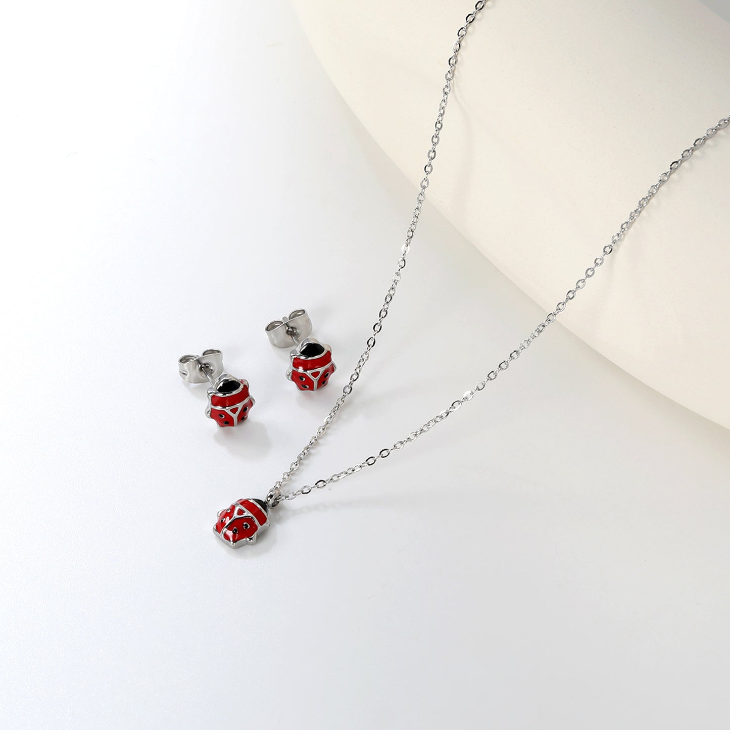 Wholesale Cute Ladybug Set - Stainless Steel Earrings & Pendant Necklace (4g) | Spring-Summer Bulk Collection