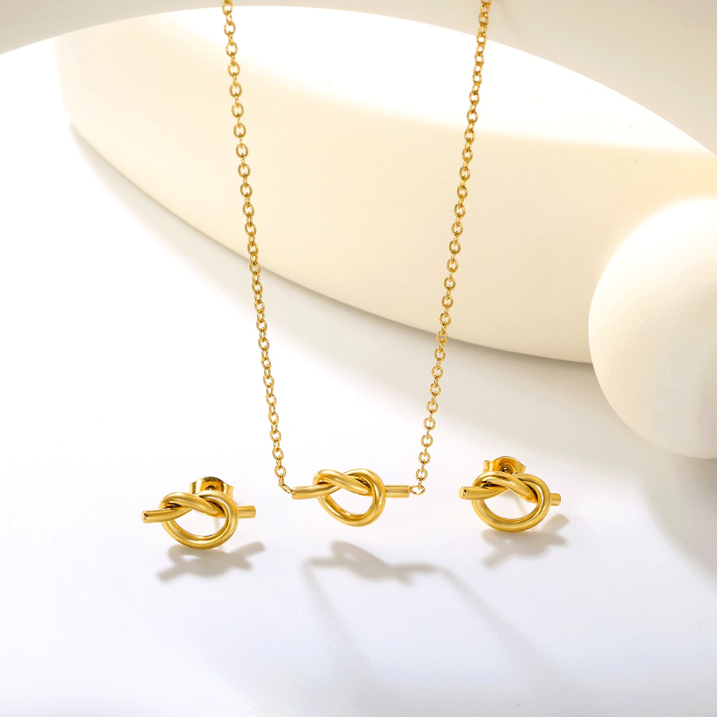 ✨ Dainty Knot Stud Earrings & Necklace Set Wholesale 8.6mm Gold Jewelry | Adjustable 42+5cm Thin Chain | Stainless Steel Bulk