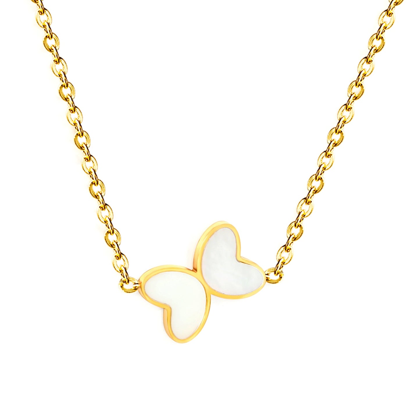 11.2*8mm Butterfly with White Shell/Black Yak/Pink Shell/Green Oil Drop Pendant Necklace 035*45+5cm+6mm Round Gold Color