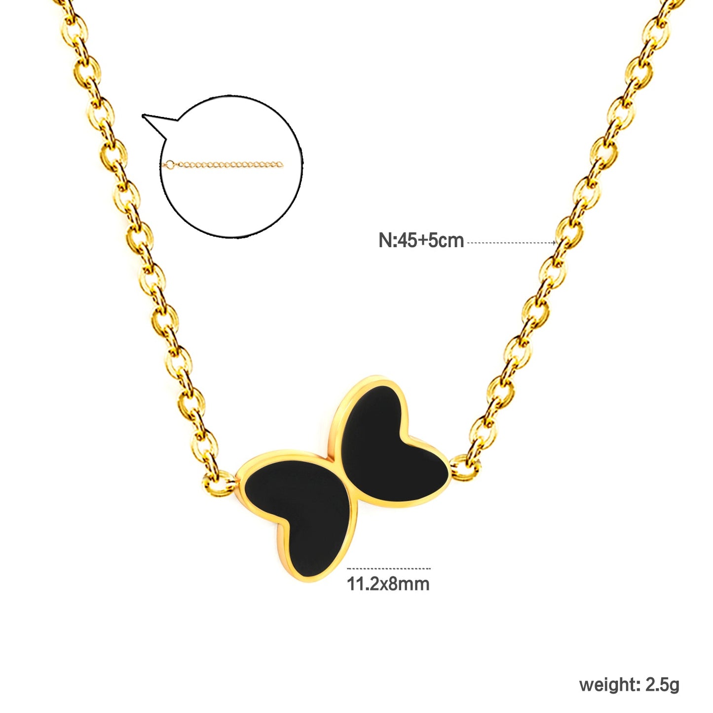11.2*8mm Butterfly with White Shell/Black Yak/Pink Shell/Green Oil Drop Pendant Necklace 035*45+5cm+6mm Round Gold Color