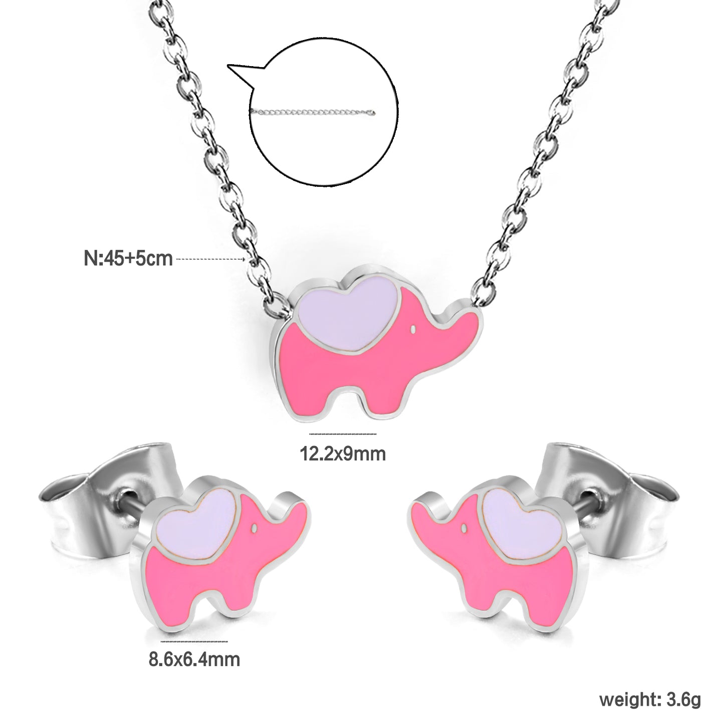 8.6x6.4mm Pink Enamel Elephant Stud Earrings + 12.2x9mm Pendant Set - 0.3mm Chain (45+5cm) & 6mm Round Tag - Stainless Steel Wholesale Jewelry