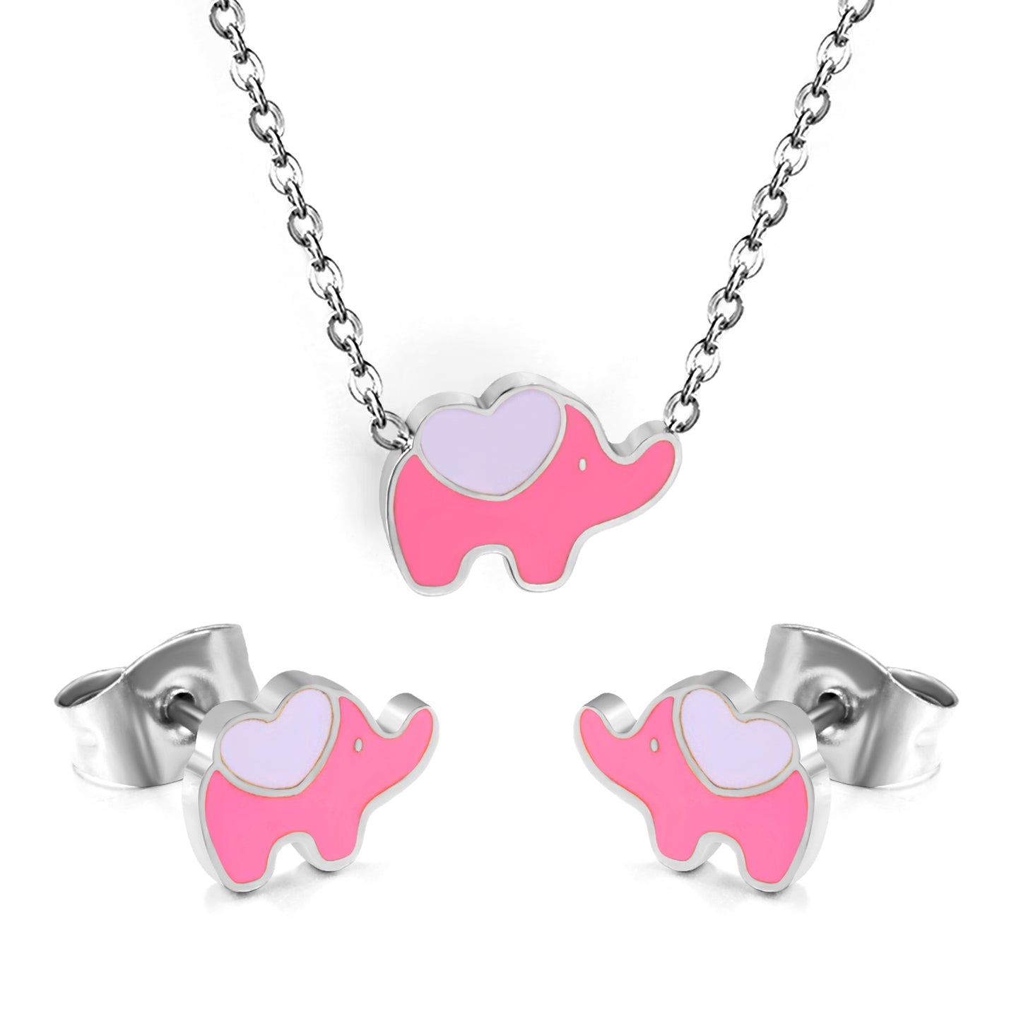 8.6x6.4mm Pink Enamel Elephant Stud Earrings + 12.2x9mm Pendant Set - 0.3mm Chain (45+5cm) & 6mm Round Tag - Stainless Steel Wholesale Jewelry