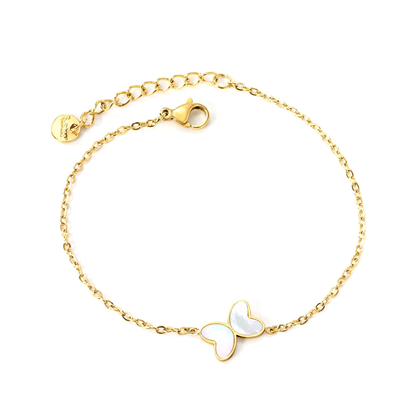 11.2*8mm Butterfly with White Shell/Black Yak/Pink Shell/Green Drip Oil Bracelet Cross Chain 0.4mm*17+3cm+6mm Round Tail Plaque Gold Color
