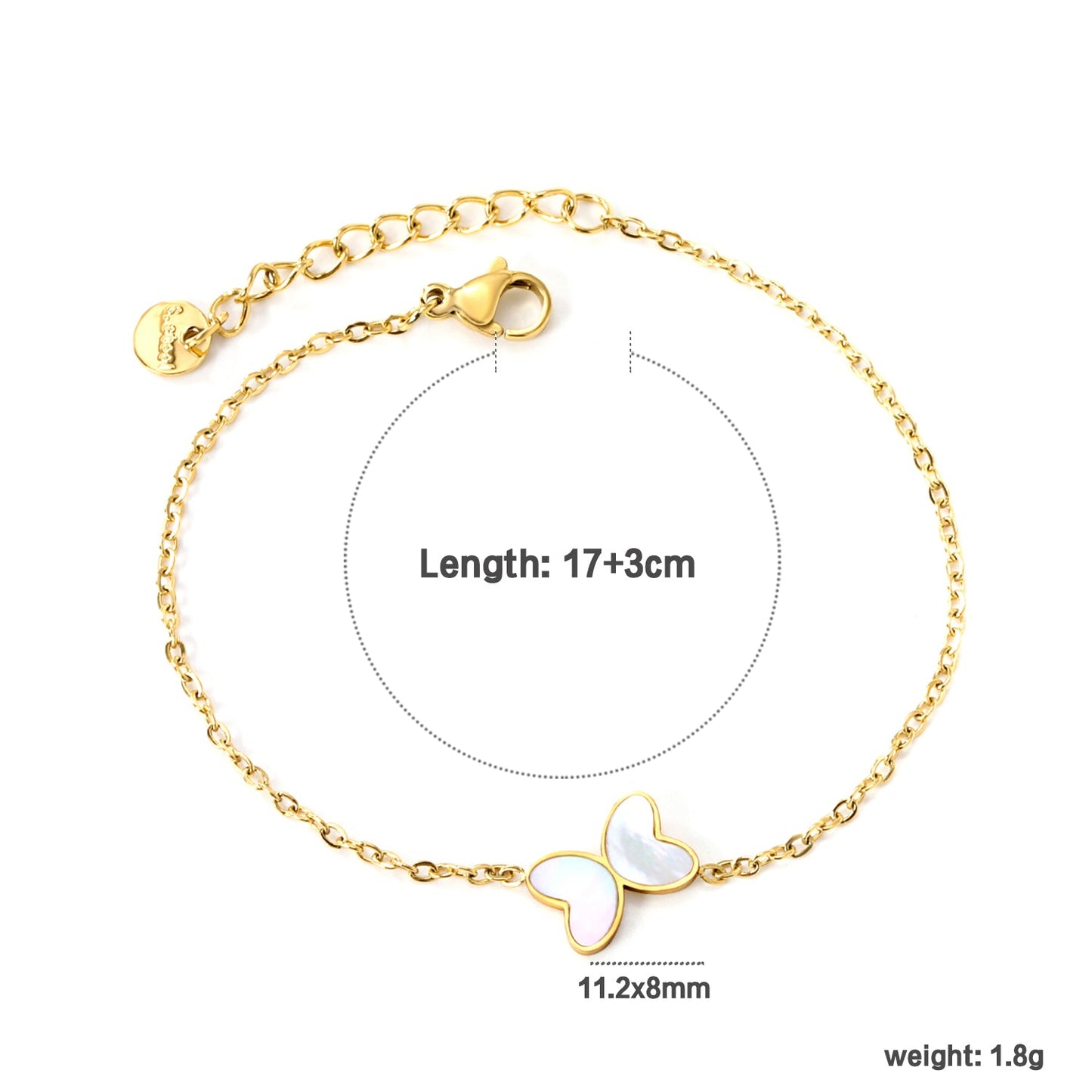 11.2*8mm Butterfly with White Shell/Black Yak/Pink Shell/Green Drip Oil Bracelet Cross Chain 0.4mm*17+3cm+6mm Round Tail Plaque Gold Color