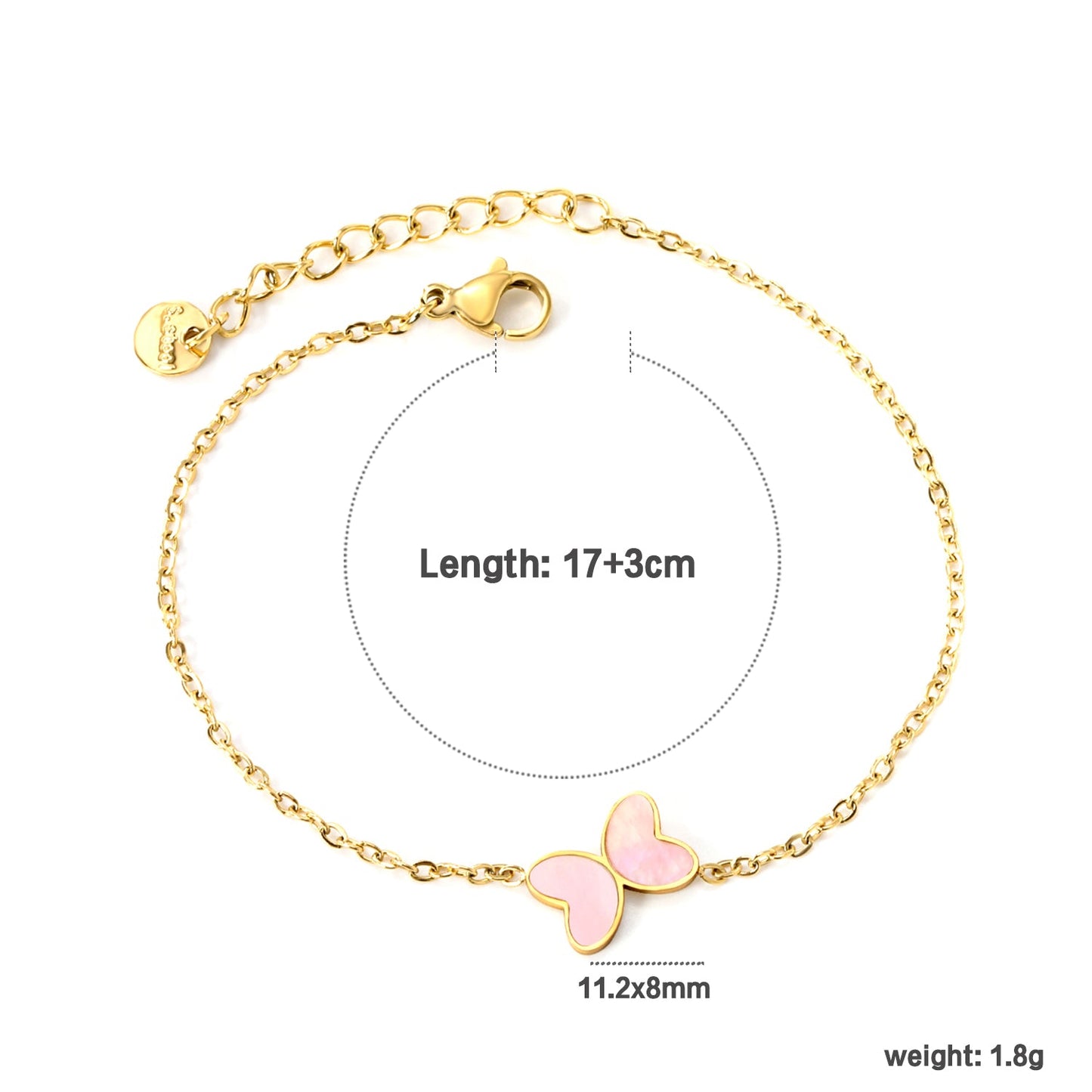 11.2*8mm Butterfly with White Shell/Black Yak/Pink Shell/Green Drip Oil Bracelet Cross Chain 0.4mm*17+3cm+6mm Round Tail Plaque Gold Color