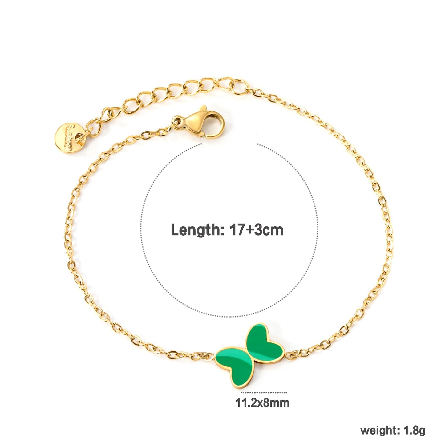 11.2*8mm Butterfly with White Shell/Black Yak/Pink Shell/Green Drip Oil Bracelet Cross Chain 0.4mm*17+3cm+6mm Round Tail Plaque Gold Color
