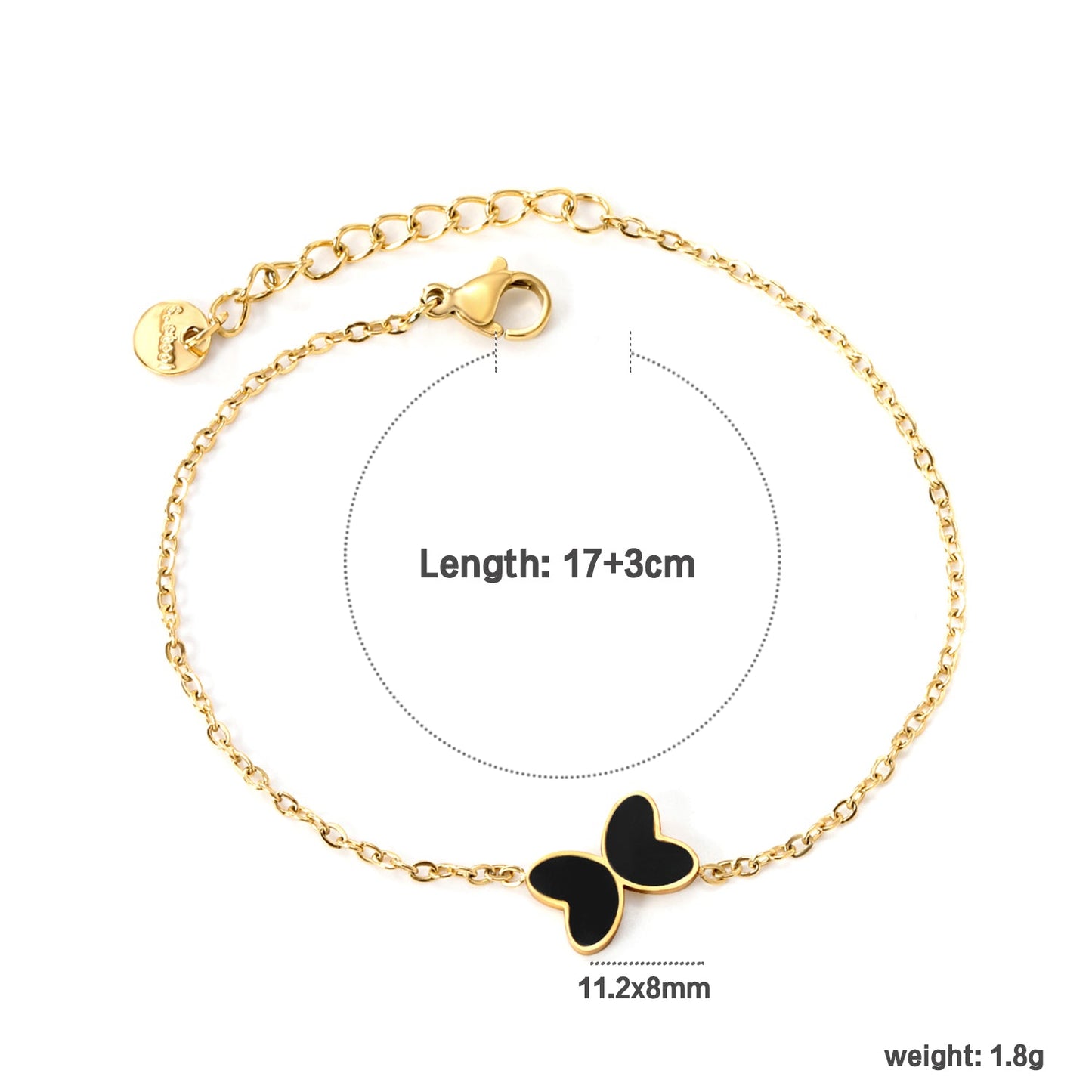 11.2*8mm Butterfly with White Shell/Black Yak/Pink Shell/Green Drip Oil Bracelet Cross Chain 0.4mm*17+3cm+6mm Round Tail Plaque Gold Color