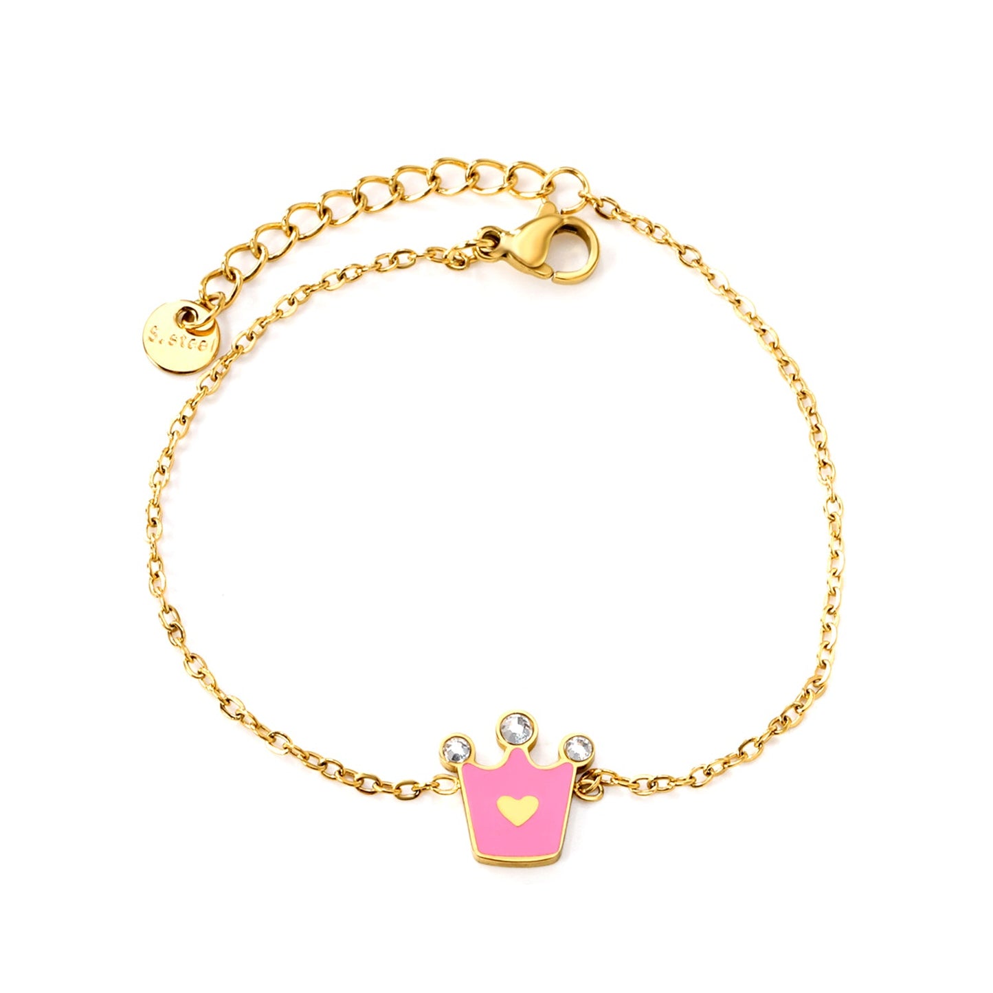 12mm Crown with Pink Oil Drip Bracelet Cross 0.4mm*17+3cm+6mm Round Plaque Gold Color