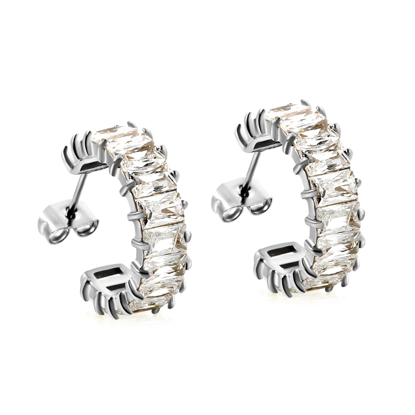 C-Shape with Two Grips Rectangle White/Purple/Green/Orange/Mixed/Pink Zirconium Earrings 6.8*21mm Steel Color/Golden Color
