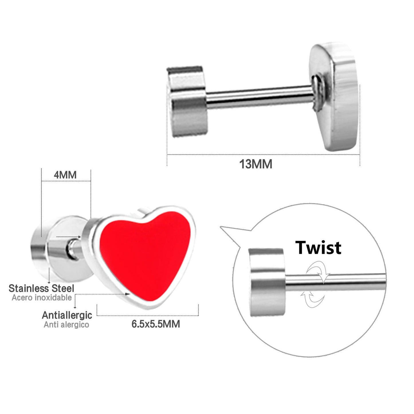 12 pairs 6.5mm*5.5mm Steel / Goldtone Heart Mixed Color Screwback Stud Earrings