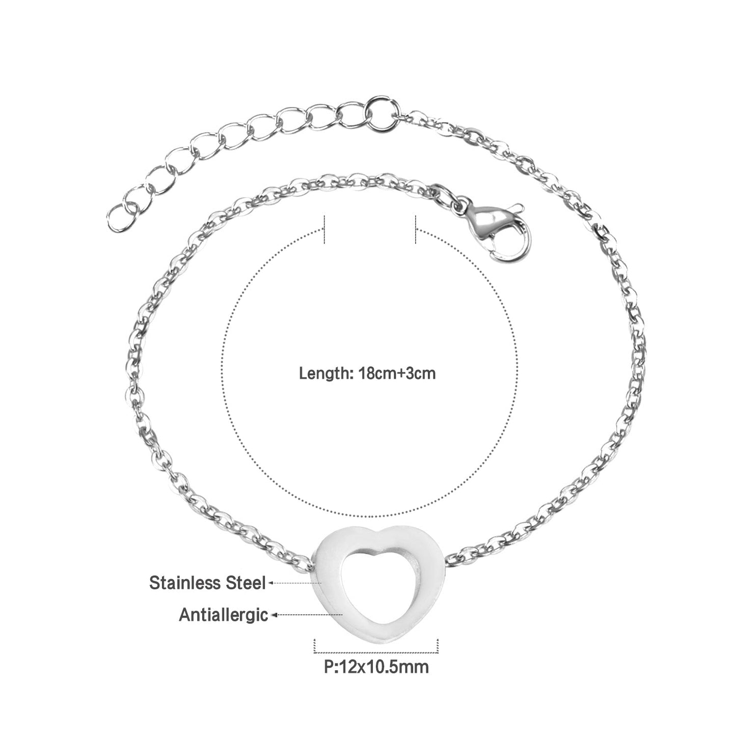Steel color gold hollow heart accessory bracelet without diamonds 12mm 18+3cm