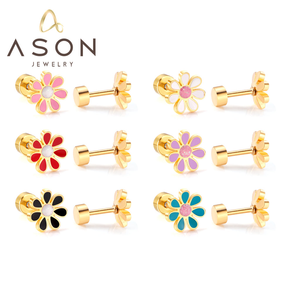 12 pairs of 4mm round cake + 8mm chrysanthemum mix 6 colors set of earrings steel / gold