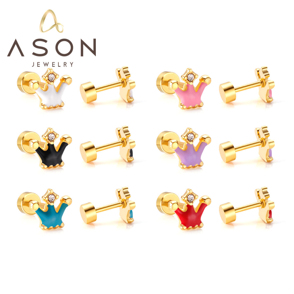 12 pairs 4mm round cake +8*7mm crown mix 6 colors studs steel/golden