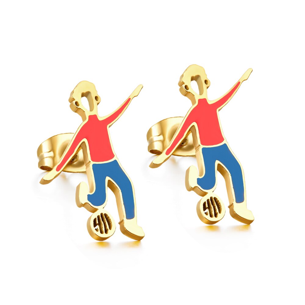 Enamel Stud Earrings Stainless Steel Sports Pattern Jewelry Football Badminton Tennis Kids Sugical Round Piercing