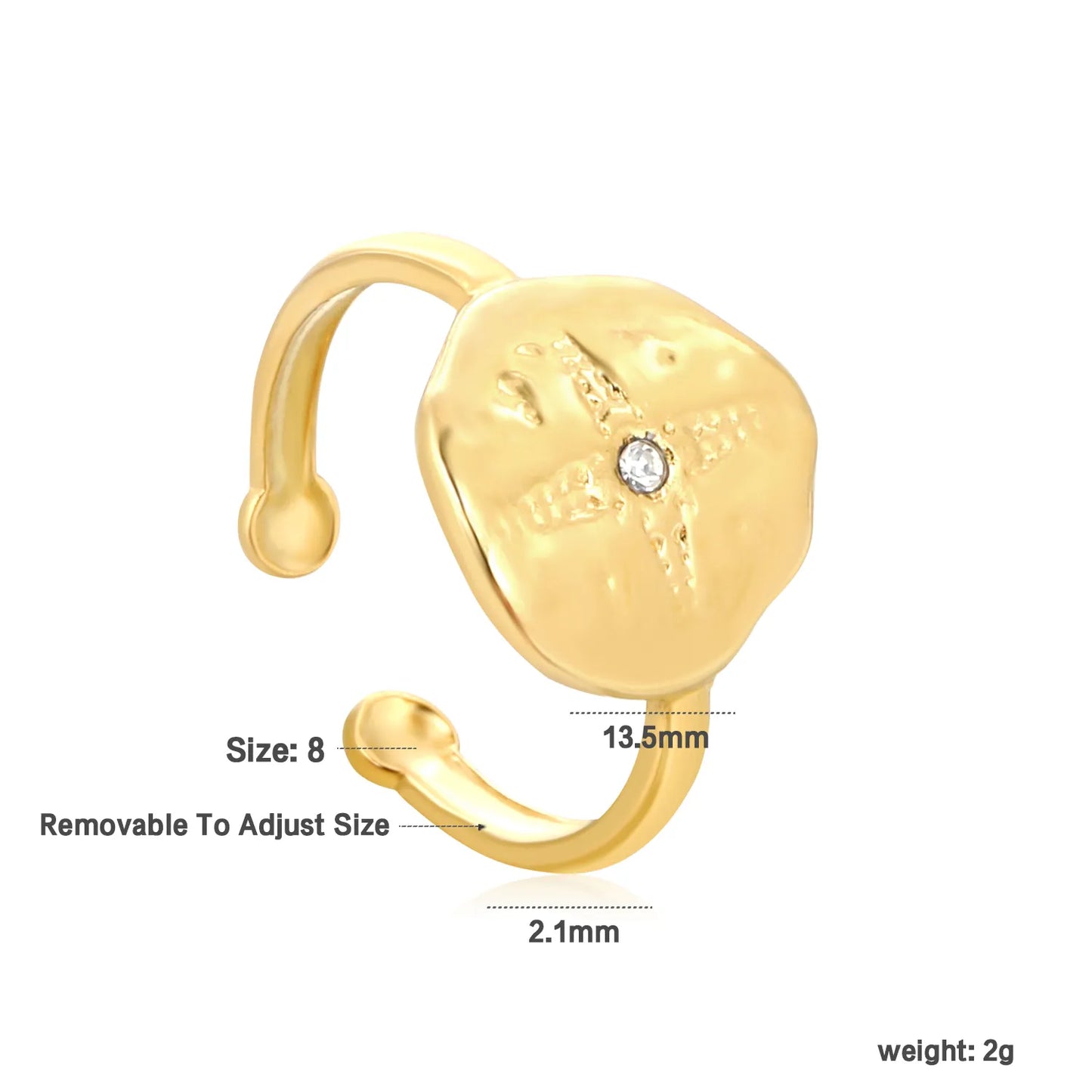 ✨ 13.5mm Four-Point&12.6mm Eight-Point Star Diamond Ring ✨ Gold Stainless Steel Adjustable Open Ring | Size 8 | Wholesale Bulk