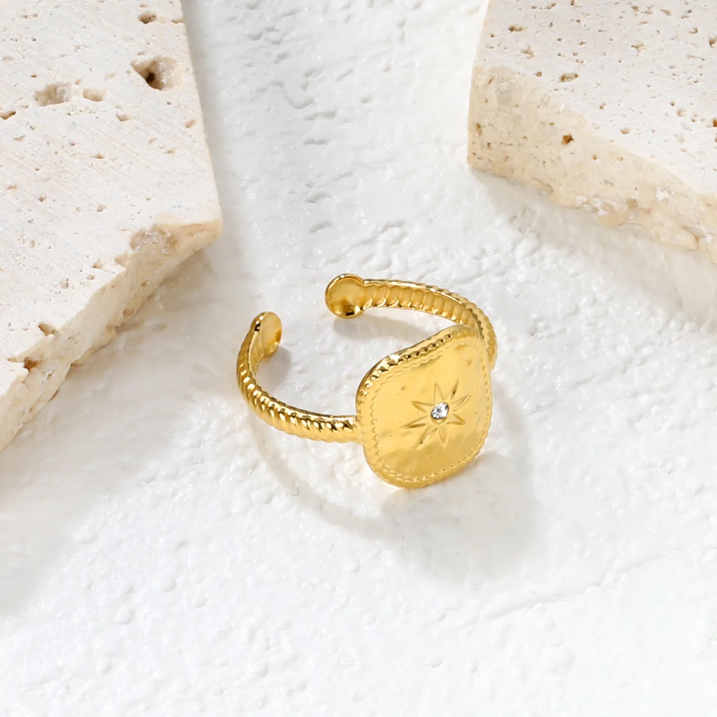 ✨ 13.5mm Four-Point&12.6mm Eight-Point Star Diamond Ring ✨ Gold Stainless Steel Adjustable Open Ring | Size 8 | Wholesale Bulk