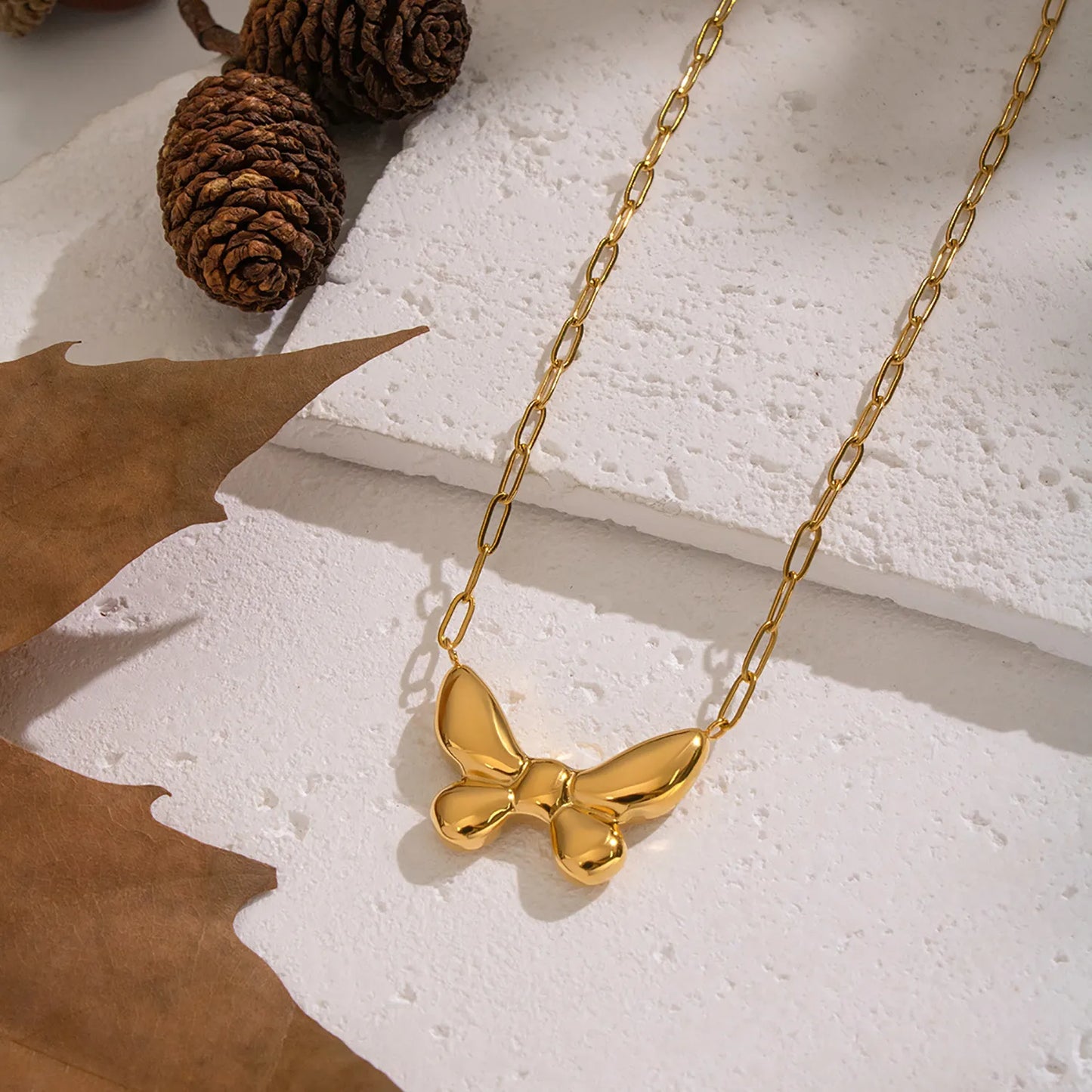 18K Gold Puffy Bow Link Necklace | 42+5cm Adjustable Chain | 27x20mm 3D Bow Pendant | Wholesale Bulk (MOQ 12)