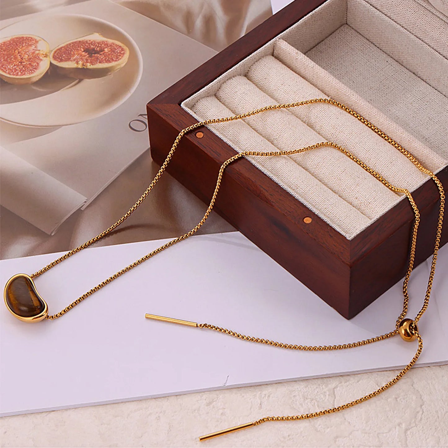 18K Gold Tiger Eye Pendant Necklace | 64cm Long Chain | 20×12mm Natural Stone Accent | Wholesale (MOQ 12)