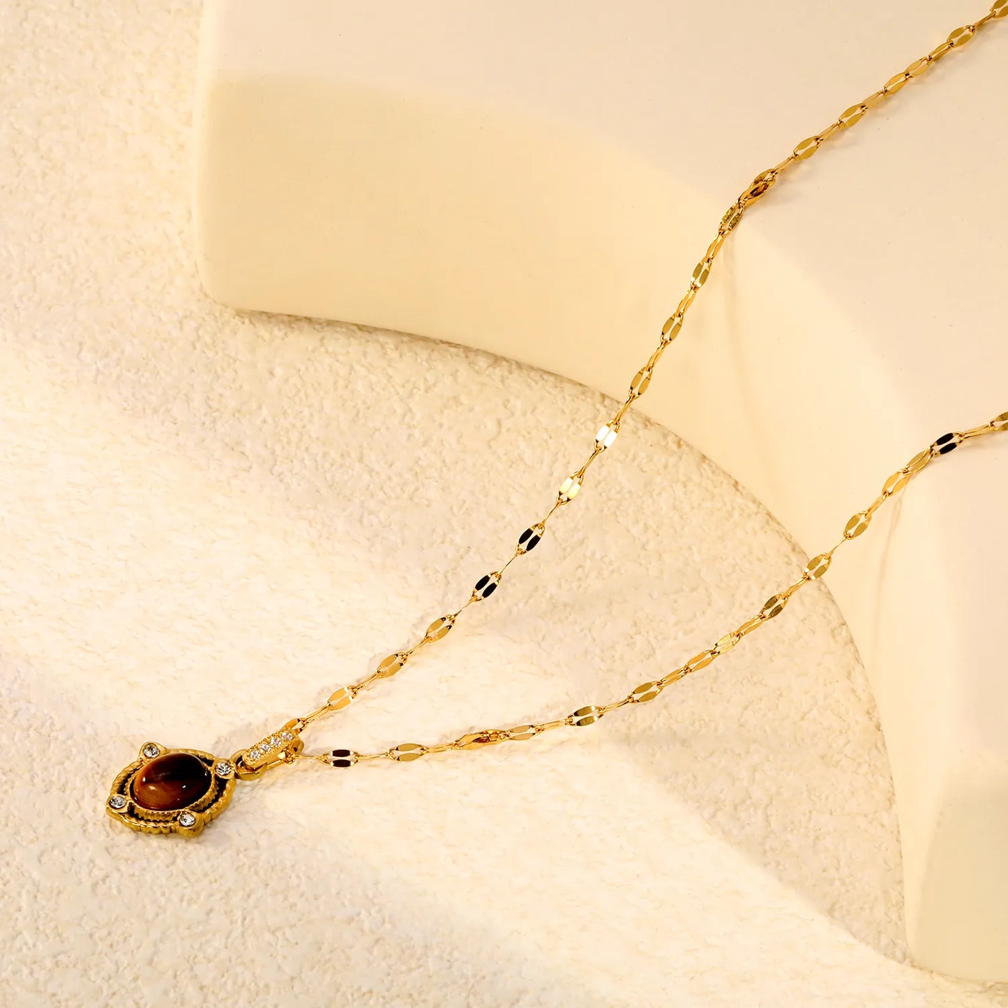 Vintage Oval Natural Tiger Eye Stone & CZ Accent Pendant Necklace | Length 42+5cm | Wholesale MOQ 12