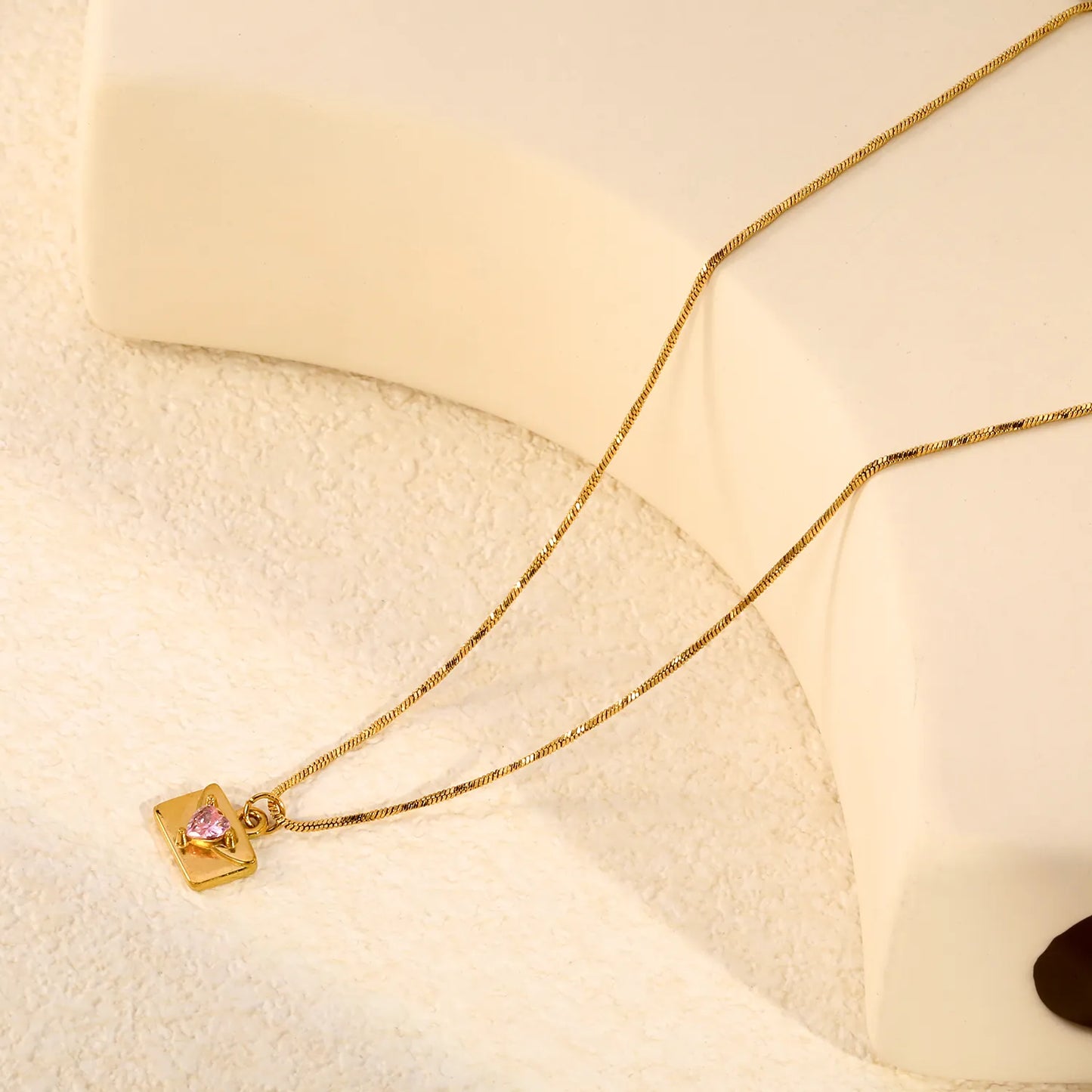 Pink Heart CZ Envelope Pendant Snake Chain Necklace | Adjustable 40+5cm | Wholesale MOQ 12