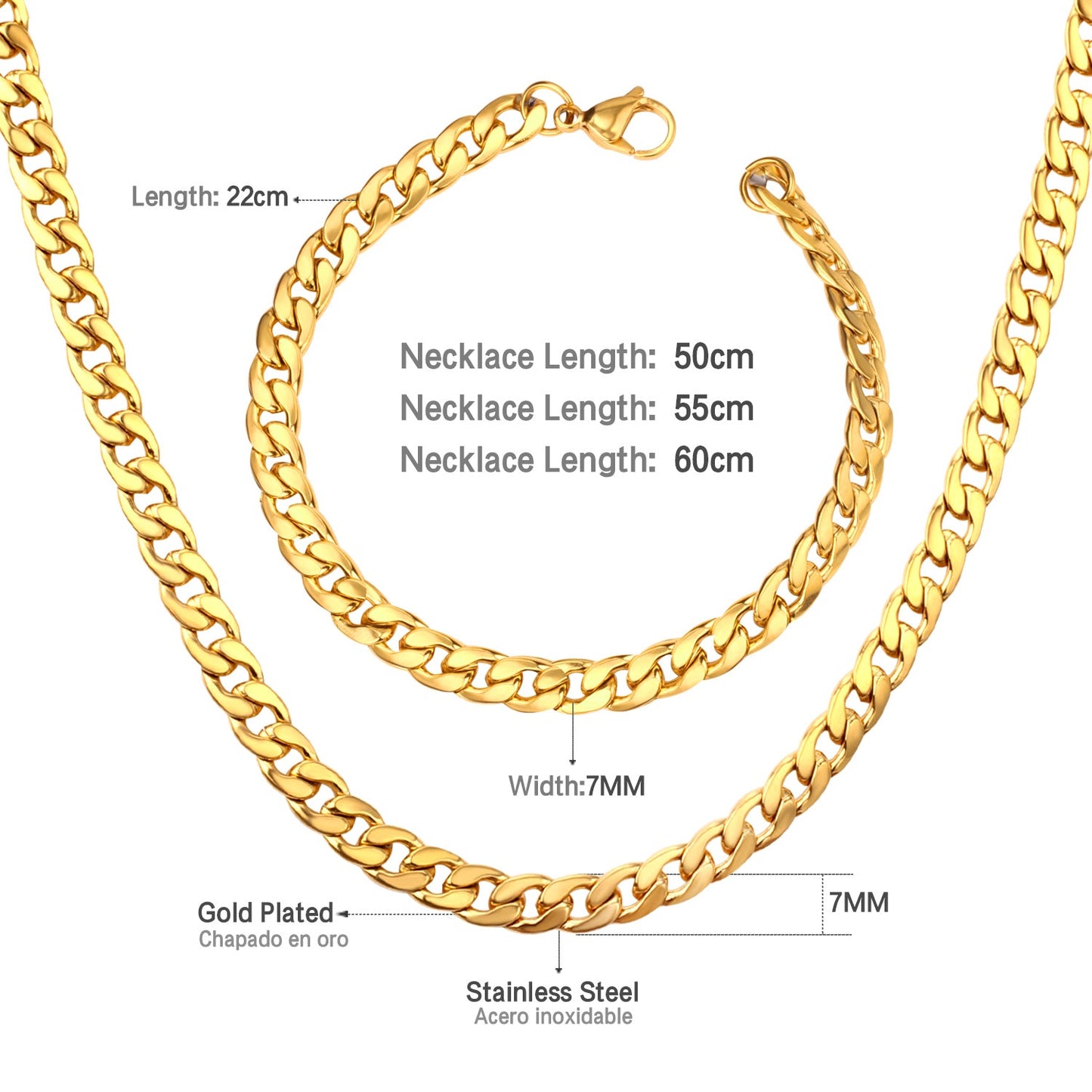 ASON Women/Men 7MM Width Necklace Set Stainless Steel Necklace with Bracelet Cuban Chain for Diy Jewelry Making