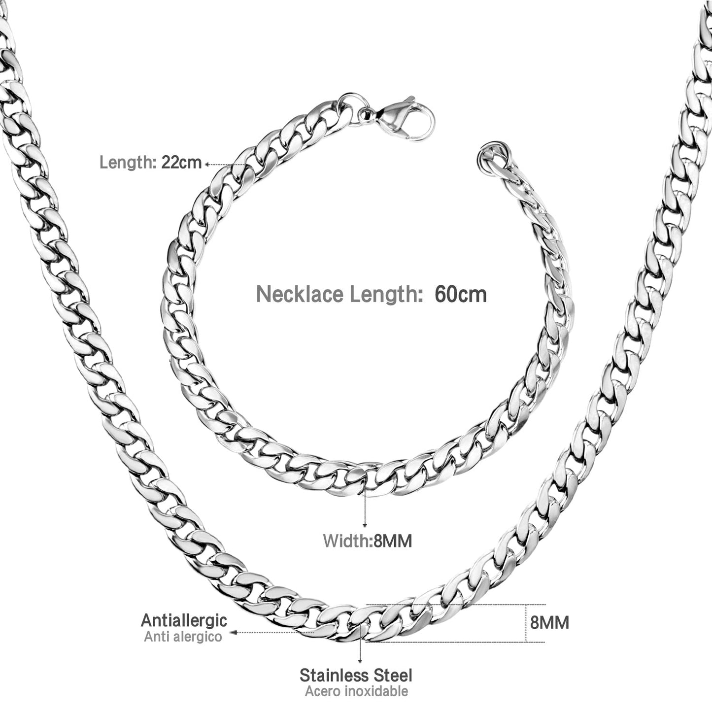 ASON Women/Men 7MM Width Necklace Set Stainless Steel Necklace with Bracelet Cuban Chain for Diy Jewelry Making