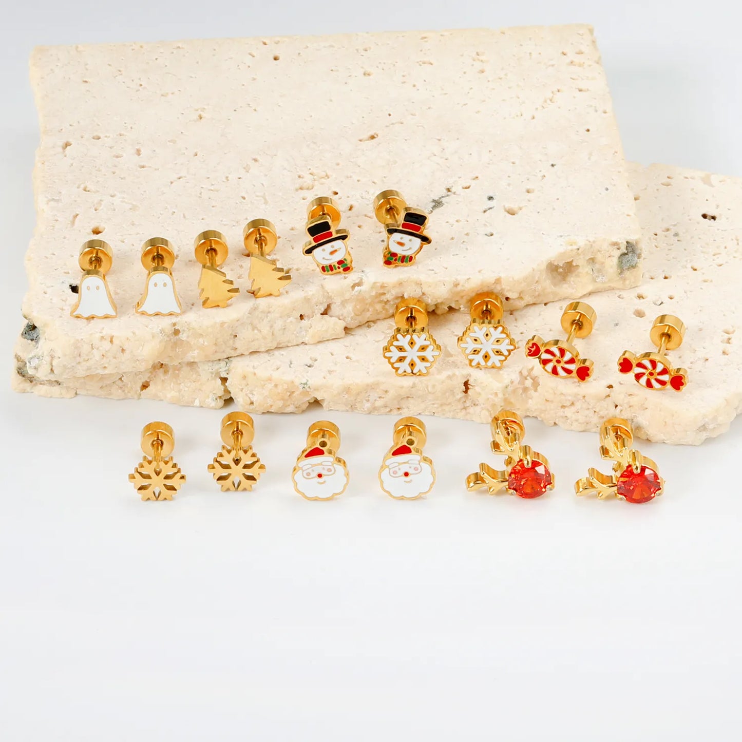 🎅 Wholesale Christmas Spiral Earrings | Santa/Tree/Snowflake Designs | Gold Plated Stainless Steel Hoops | Holiday Party Jewelry