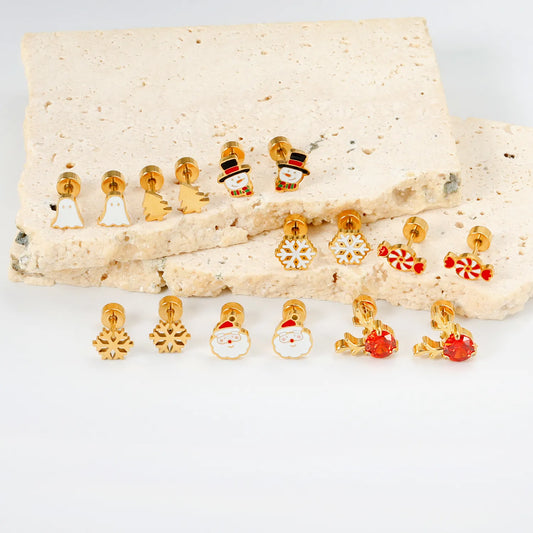 🎅 Wholesale Christmas Spiral Earrings | Santa/Tree/Snowflake Designs | Gold Plated Stainless Steel Hoops | Holiday Party Jewelry