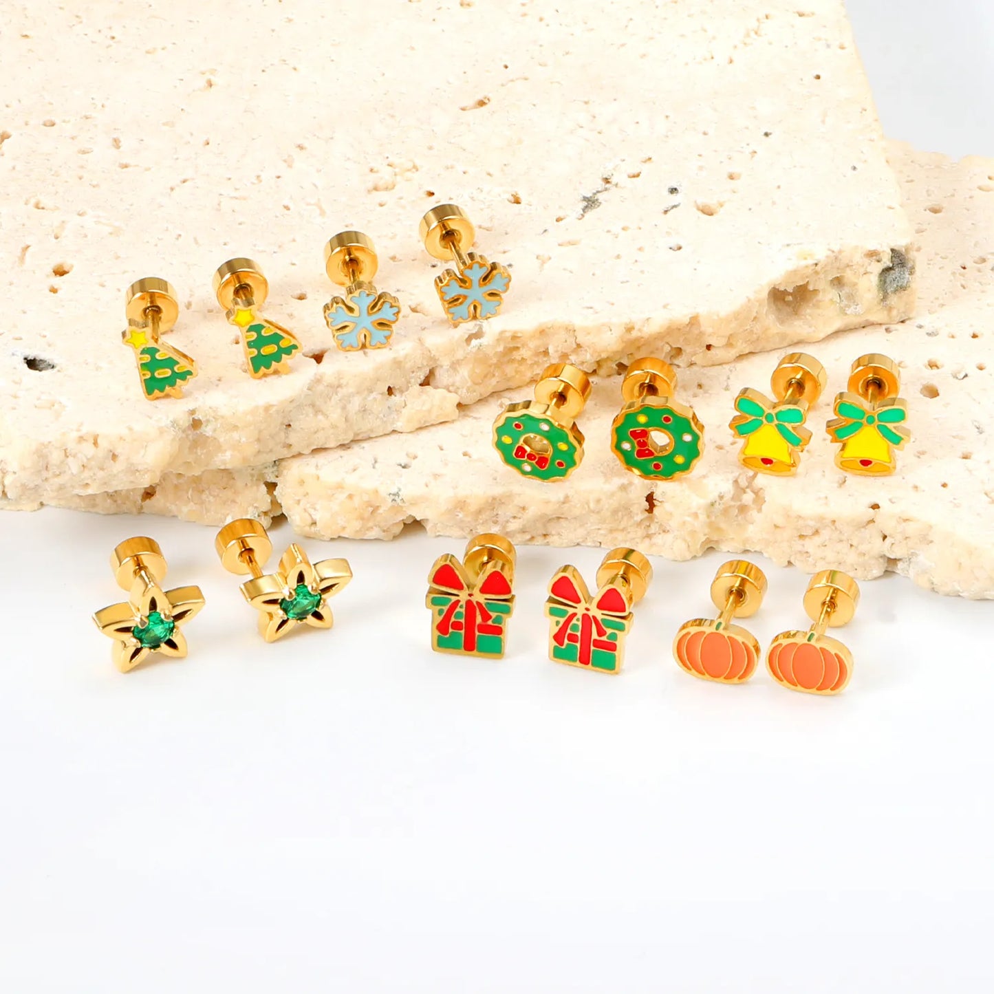🎅 Wholesale Christmas Spiral Earrings | Santa/Tree/Snowflake Designs | Gold Plated Stainless Steel Hoops | Holiday Party Jewelry