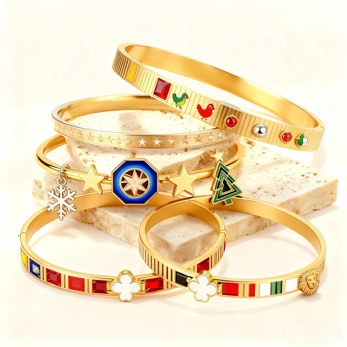 🎄 Wholesale Christmas Charm Bracelet | Gold Plated Holiday Design | Santa/Snowflake/Tree Charms | Stainless Steel Adjustable Bangle