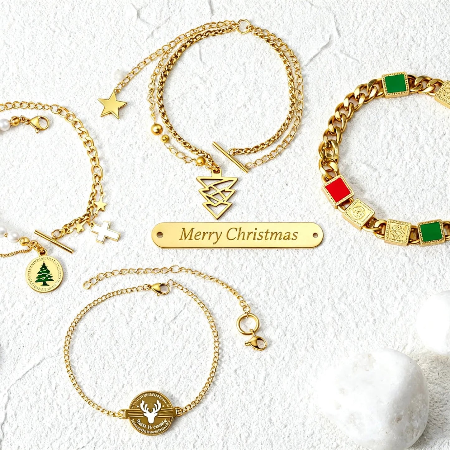 🎄 Wholesale Christmas Charm Bracelet | Gold Plated Holiday Design | Santa/Snowflake/Tree Charms | Stainless Steel Adjustable Bangle