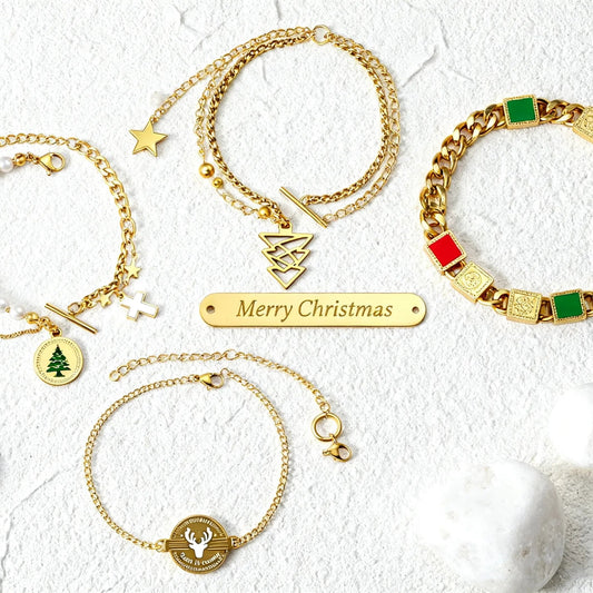 🎄 Wholesale Christmas Charm Bracelet | Gold Plated Holiday Design | Santa/Snowflake/Tree Charms | Stainless Steel Adjustable Bangle