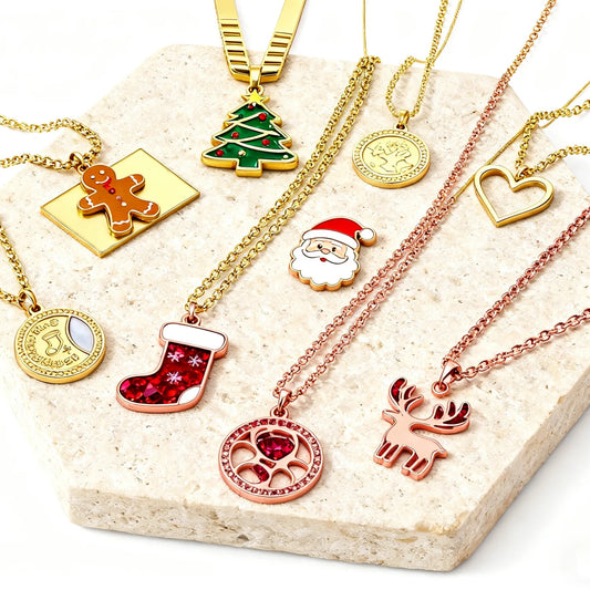 🎁 Wholesale Christmas Charm Necklace | Santa/Tree/Star/Snowflake Pendants | Gold or Rose Gold Plated Stainless Steel Chain | Holiday Gift Jewelry