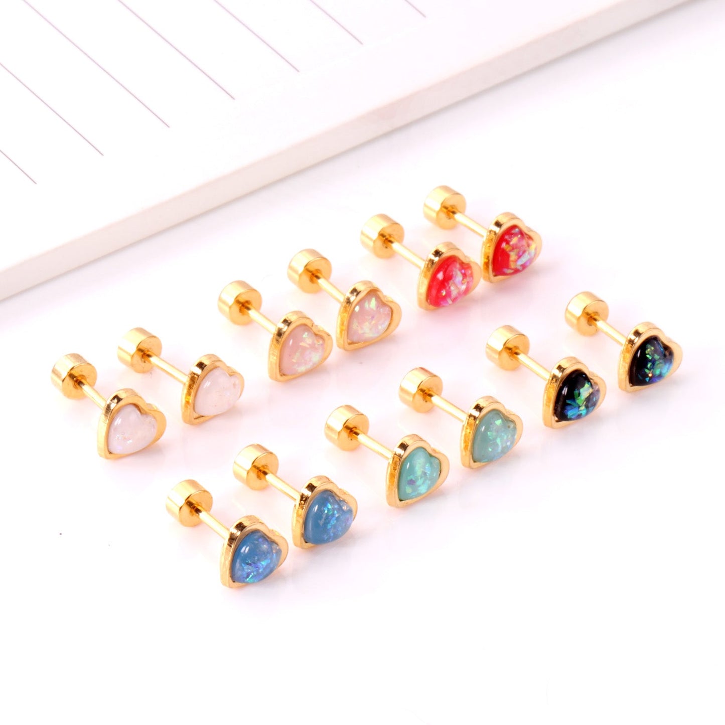 12 pairs steel/golden heart shaped gravel ombre screw back stud earrings