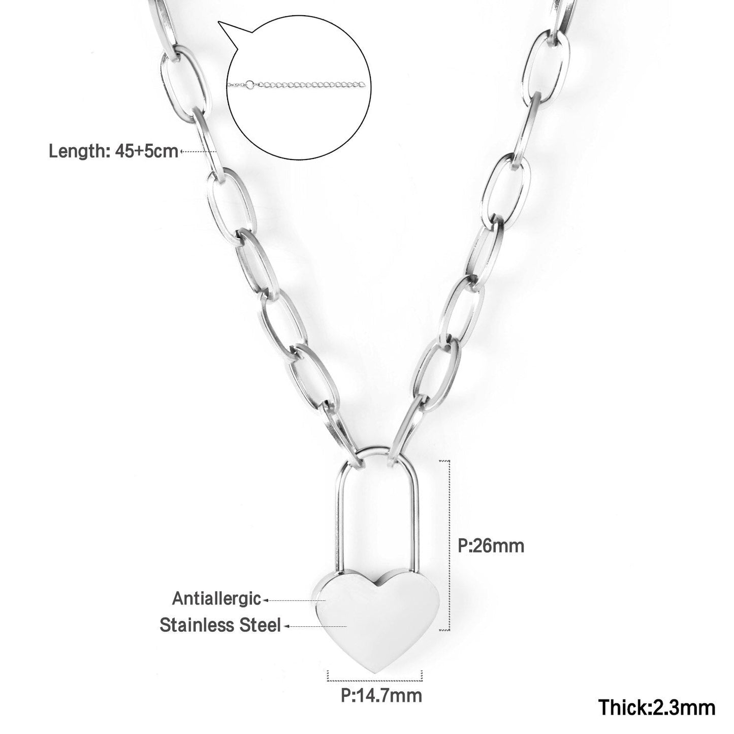 ASON Lock of Heart Pendant Necklace Stainless Steel Big Chain Necklace for Women Men Lover's Fashion Jewelry Accessories