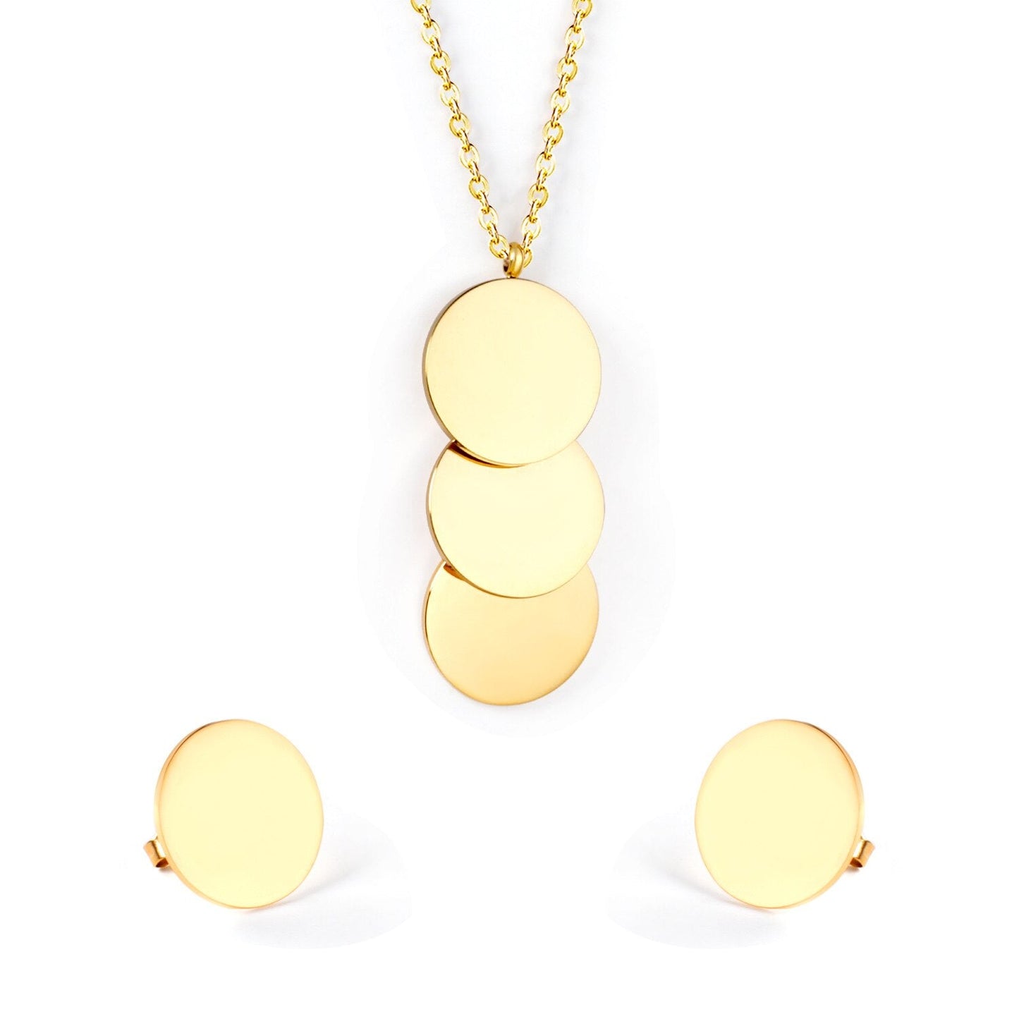 Stainless Steel Round Paillettes Trendy Necklaces Earrings Sets Jewelry Set Gold/Silver Color For Lovers Woman Gift