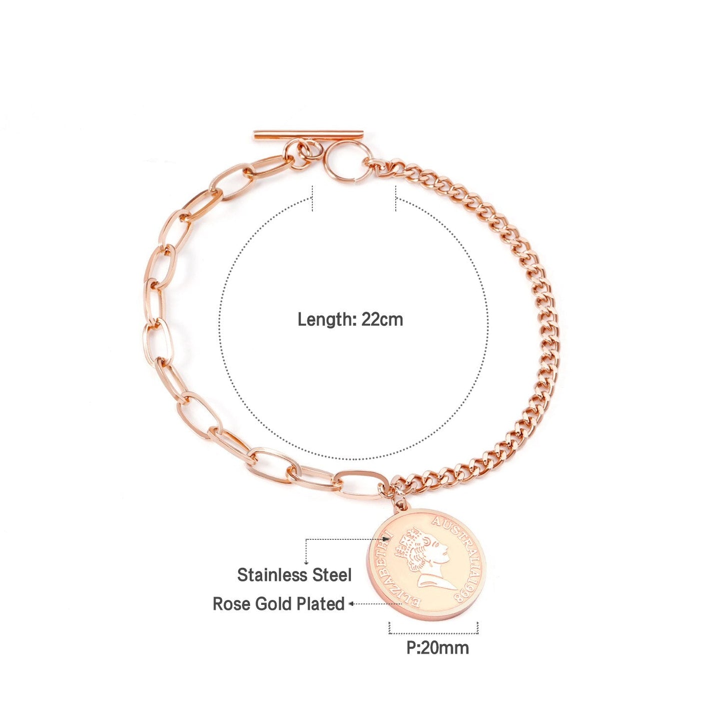 ASON Gold/Rose Gold Color Bracelet Stainless Steel Half Chain Bangle with Coin Charm for Women Fashion Jewelry Accessories