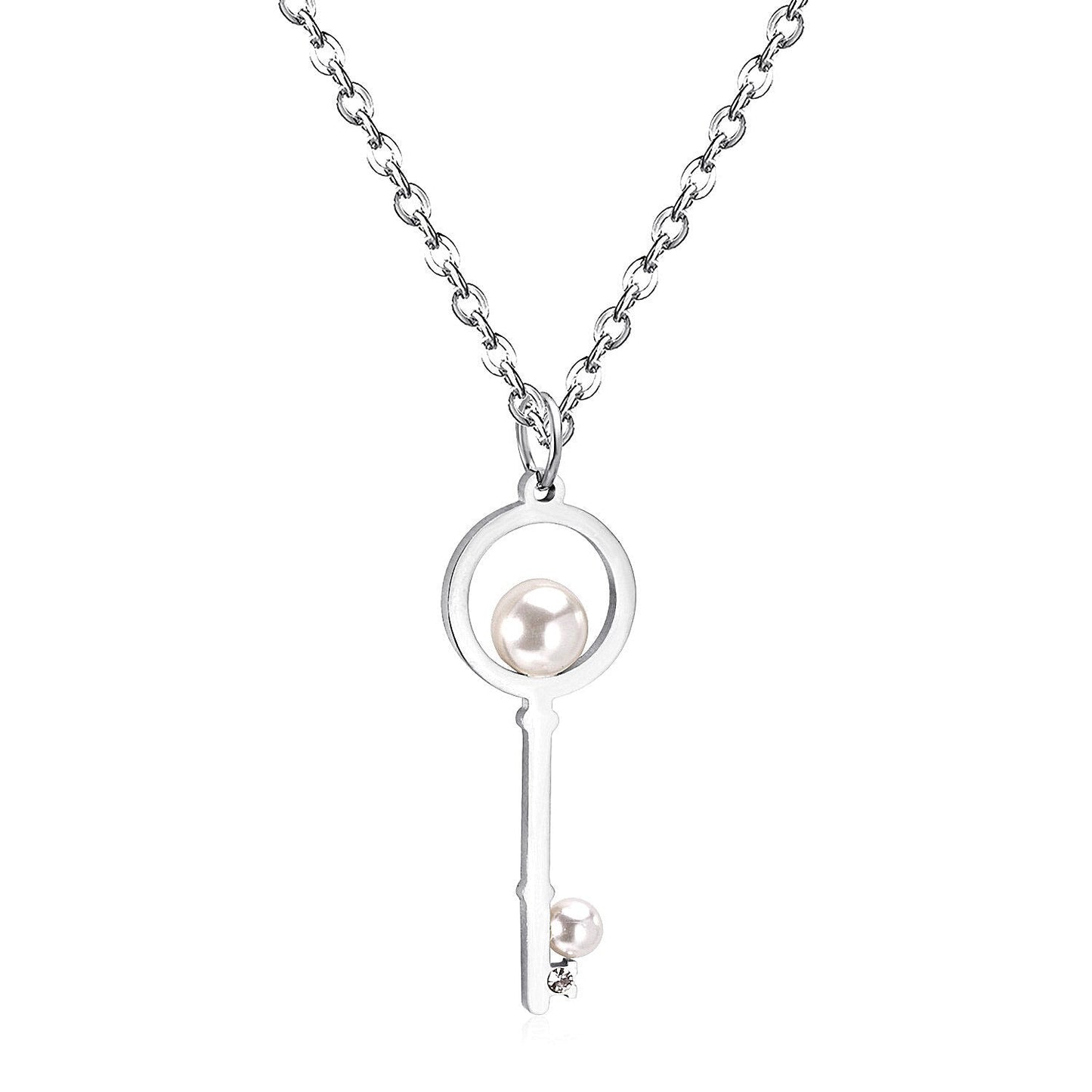 Fake Pearl Key Pendant Necklace For Men Women Jewelry Stainless Steel Necklaces Collars Collier Accoessries mujer