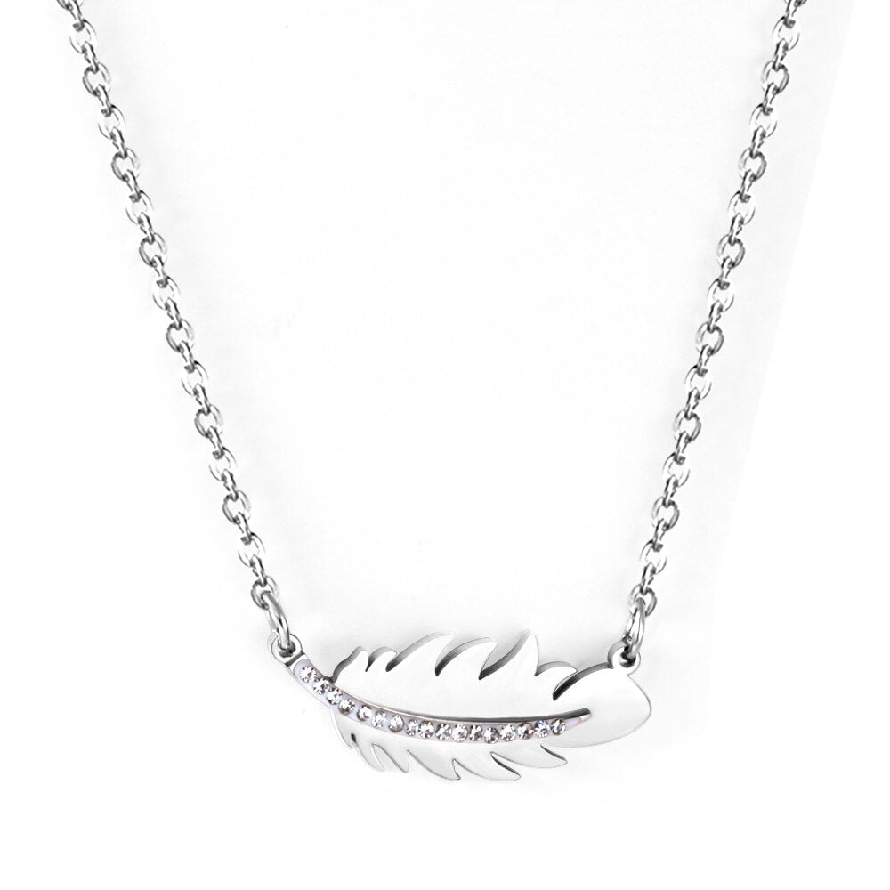 ASON Gold Color Feather Pendant Necklace with Rhinestone Stainless Steel Chain for Women Jewelry Gift Accessory Chokers