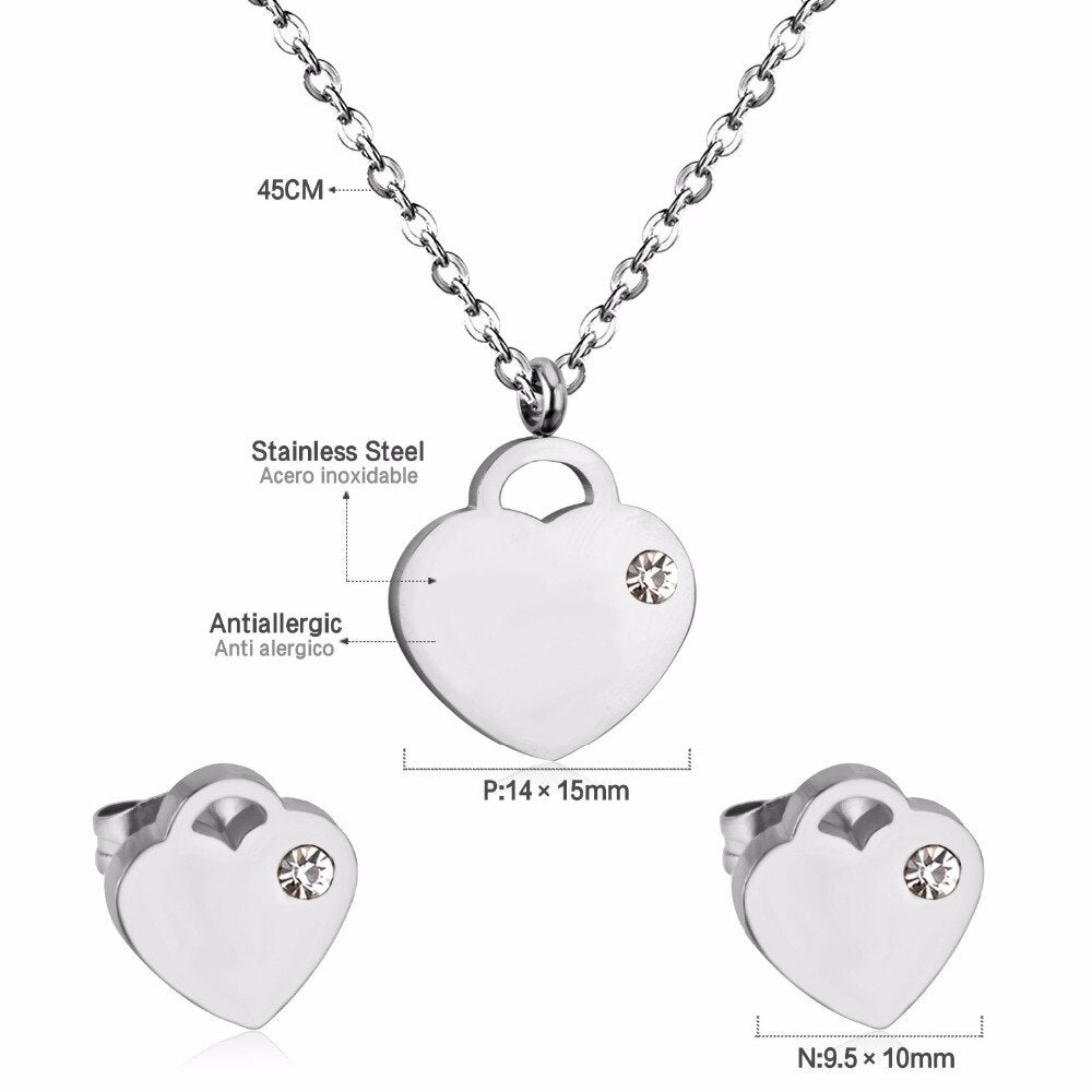 Lovely Heart Stainless Steel Bridal Jewelry Sets Necklace Earrings Accessories Set For Women Wedding Gift