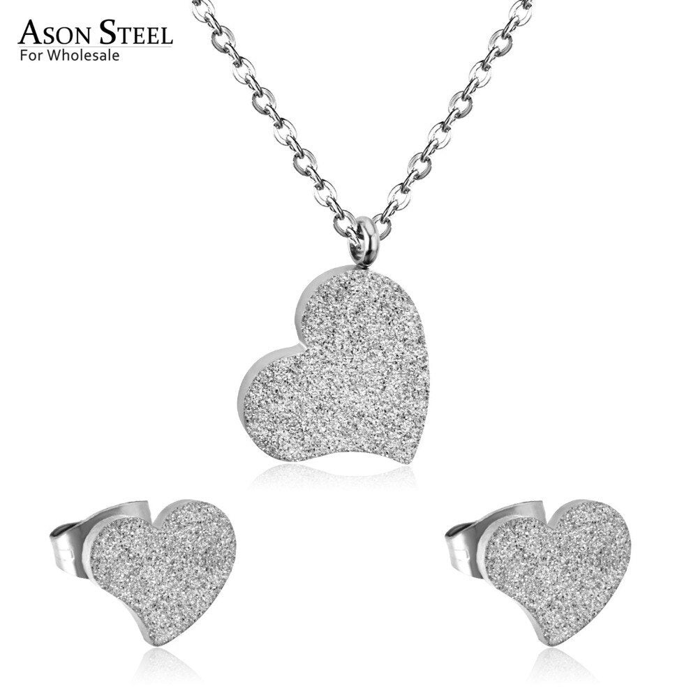 ASON Luxury Heart Pendants Necklaces Earrings Jewelry Set Gold Color Fashion Stainless Steel for Women Cubic Zirconia Cute