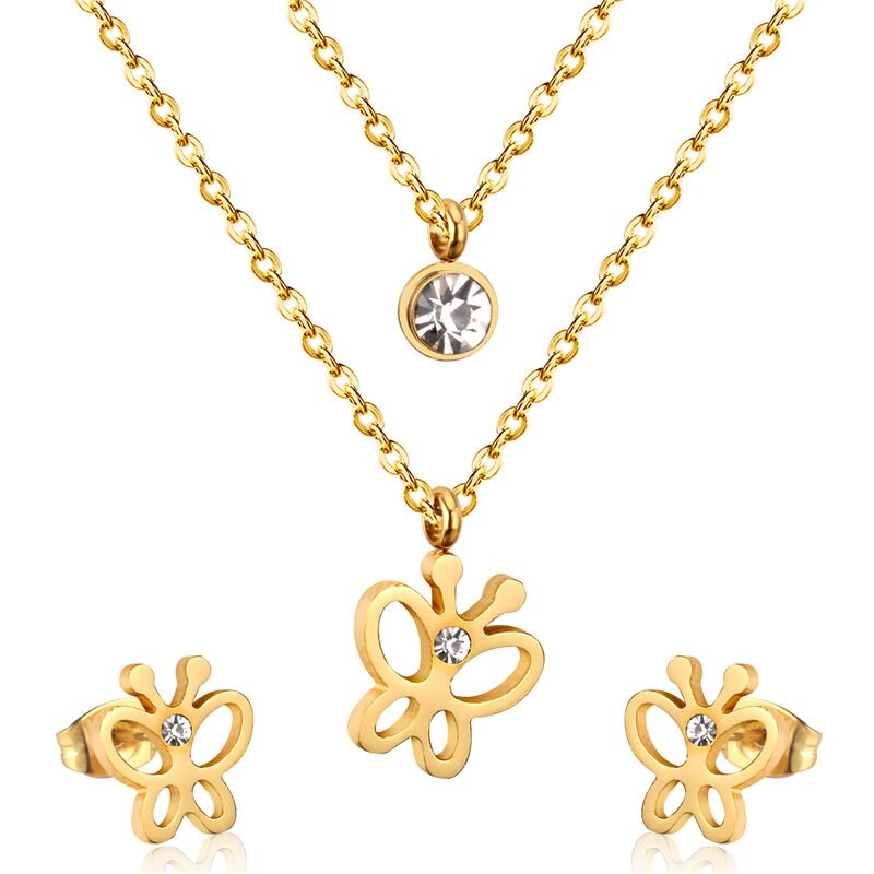 ASON Butterfly Double Set Necklace Pendant Small Stud Earring Wedding Jewelry Set for Women 316L Stainless Steel Sets